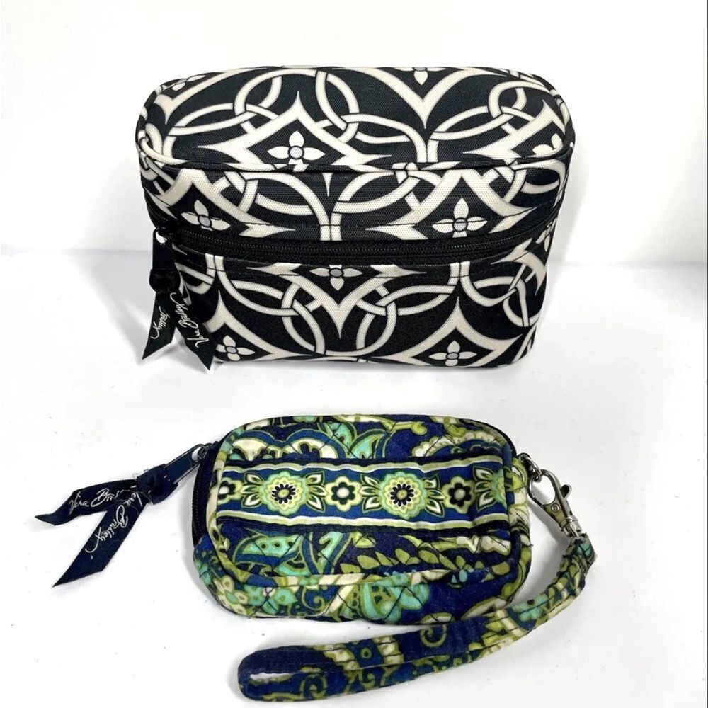 Vera Bradley Lot Cosmetic Makeup Bag Black and White & Green Blue Wristlet